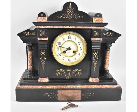 A Nice Quality French Slate and Marble Mantel Clock of Architectural Form, Late 19th/Early 20th Century, Complete with Key, P