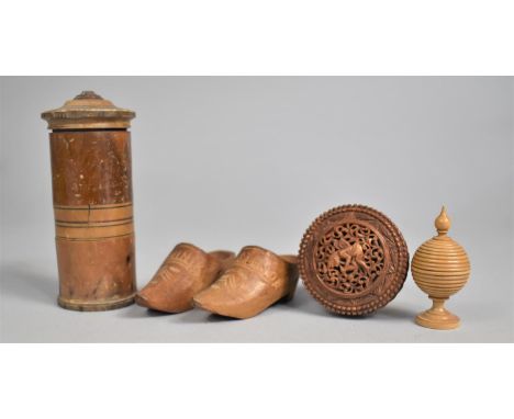 A Small Treen Spice Tower, Screw Off Lid to Centre Glass Container and Base with Grille, Also a Pair of Miniature Treen Clogs