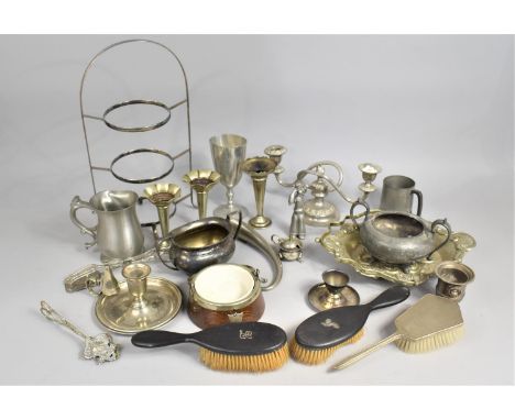 A Collection of Various Silver Plated Items to include Bud Vases, Bed Chamber Sticks, Tongs Etc together with Other Various M