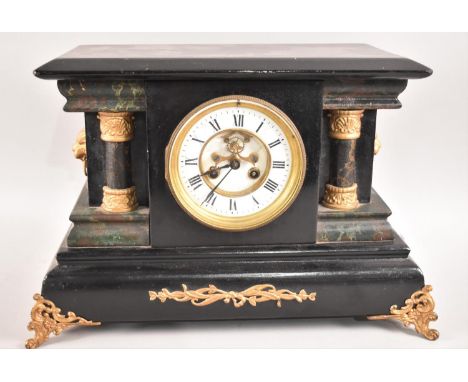 A Faux Slate Gilt Decorated Mantel Clock in the Architectural Style, Probably French and with Eight Day Movement, 38cms Wide 