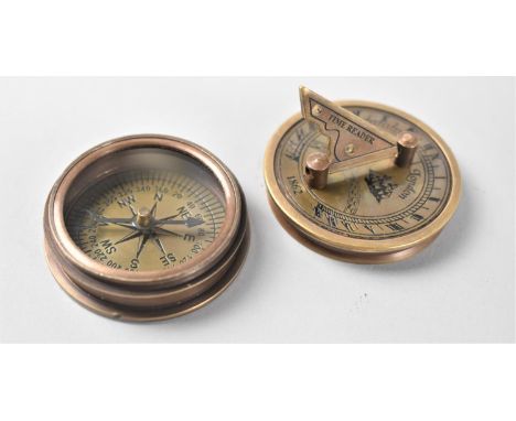 A Small Reproduction Brass Pocket Combination Sundial and Compass, as Was Made by Stanley of London, 4.75cms Diameter 