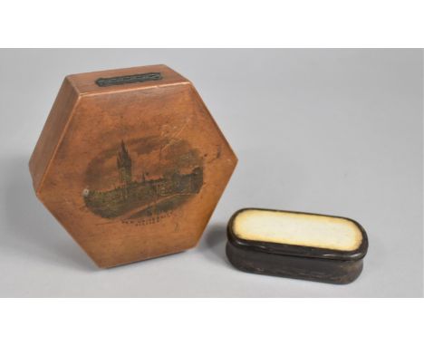 A Mauchline Ware Hexagonal Box together with a Snuff Box (AF), Hinged Lid Decorated for the New University, Glasgow 