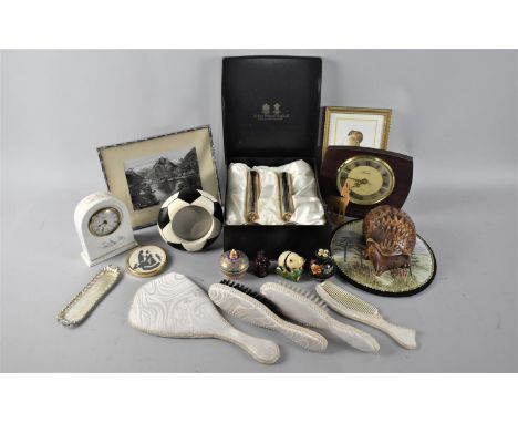 A Collection of Sundries to Include Mantle Clock, Prints, Arthur Price Candlesticks, Dressing Table Brushes etc 