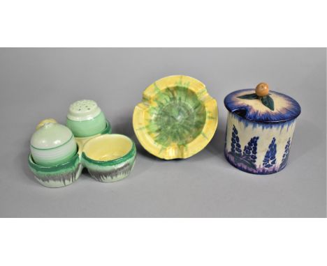An Art Deco Carlton Ware Garden Pattern Pot Together with a Carlton Ware Ashtray and a Shelley Cruet on Stand, Some Condition