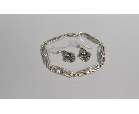 A Silver Art Nouveau Bracelet with Pale Amethyst Stones Along with a Pair of Earrings to Match by Kit Heath of Falkirk 