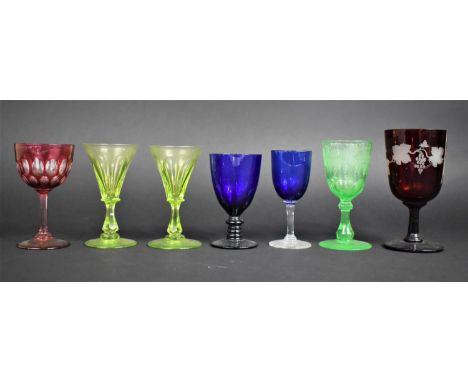 A Collection of Various 19th/20th Century Coloured Glass to comprise Pair of Vaseline Ales with Trumpet Faceted Bowl, Single 