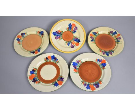 Five Art Deco Clarice Cliff Bizarre Crocus Pattern Plates, 17.5cm Diameter, Some Condition Issues 
