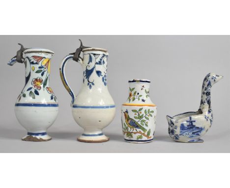 Two 19th Century Tin Glazed Earthenware Lidded Jugs, Largest 18cm high, Together with a Delft Goose 12cm high and a Quimper S