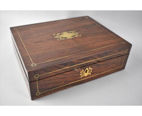 A Late 19th Century Brass Inlaid Rosewood Playing Card Box  Having Brass Stringing and Escutcheons, Containing One Pack of Vi