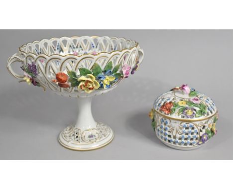 A 20th Dresden Porcelain Pierced Potpourri Box and Cover Encrusted with Flowers, 11cm high Together with a Dresden Pedestal B