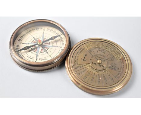 A Circular Reproduction Brass Pocket Compass As Made by Stanley of London, The Circular Screw Top Having 100 Year Calendar fo