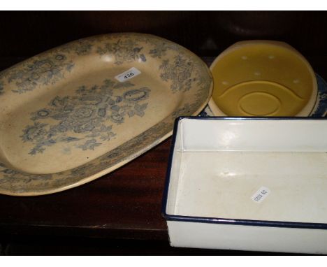 VINTAGE BLUE AND WHITE PLATTER PLUS TWO OTHER PLATES AND ENAMEL DISH 