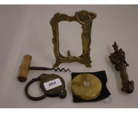MIXED LOT, VINTAGE CORKSCREW, BRASS PHOTO FRAME, MAG-GLASS AND INTERESTING COPPER EASTERN LOOKING HANDLE?   