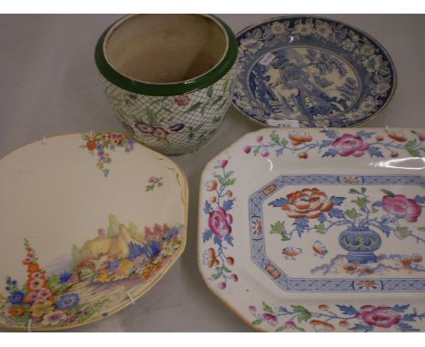 4 PIECES INC VINTAGE ROYAL MINTONS VASE, VINTAGE BLUE AND WHITE PLATE A/F AND 2 OTHER DECORATIVE EARLY PLATES   