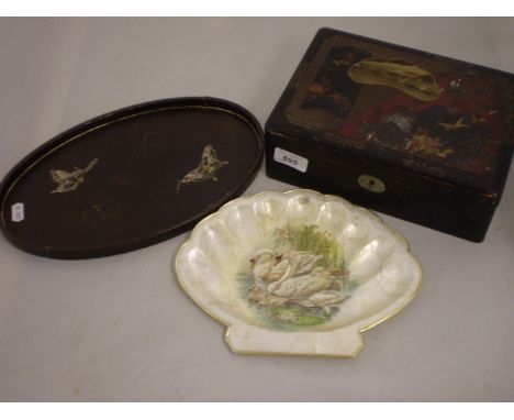 VINTAGE WOODEN TRAY AND BOX WITH MOTHER OF PEARL EFFECT SHELL TRAY