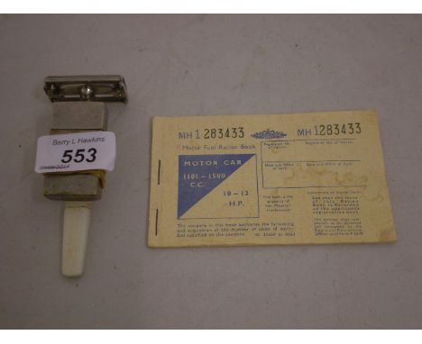 VINTAGE RAZOR WITH PACK OF ORIGINAL BLADES AND MOTOR FUEL RATION BOOK 