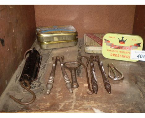 VINTAGE TINS, BOTTLE OPENER, NUTCRACKERS, POCKET BALANCE ETC.. 