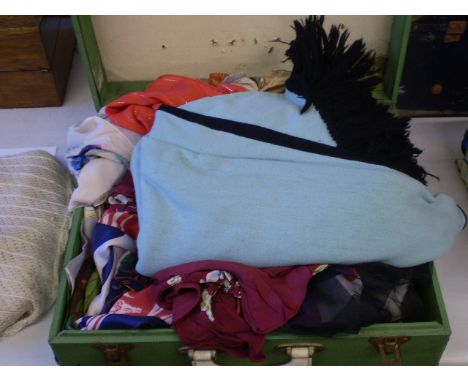VINTAGE SIRRAM PICNIC BASKET WITH CONTENTS OF MOSTLY SCARVES 
