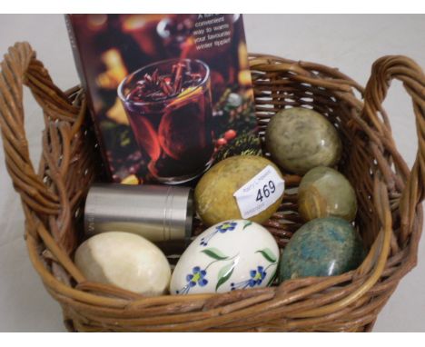 BASKET OF CERAMIC EGGS AND BOX OF WARMING STONES 