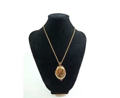 Victorian Style Ruby &amp; Diamond Set Locket with engraved floral design on a 9ct Gold Fancy Rope chain, 22g total weight 