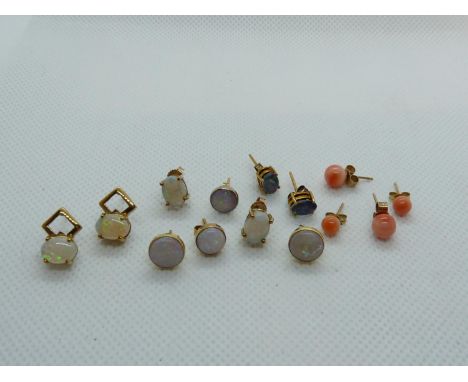 5 Pairs of 9ct Opal earrings and 2 Pairs of Coral earrings 