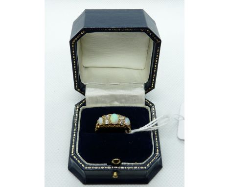 Good Quality Edwardian Style 18ct Gold Ring with Opal and Diamond Setting, 5.9g total weight. Size Q 