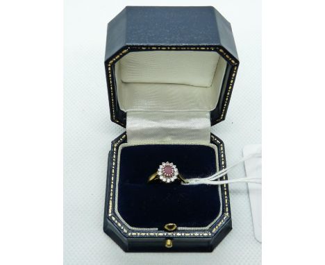 Ladies 18ct Yellow Gold Ruby &amp; Diamond Cluster ring, 3.2g total weight. Size J 