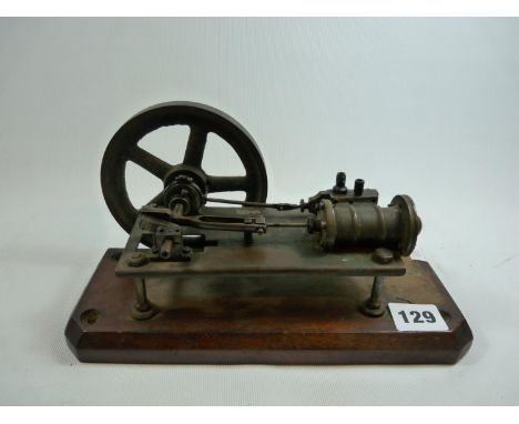 19thC Brass Stationary Engine on Wooden Base 