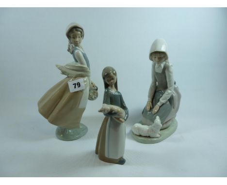 2 Nao figures of a Girl with Sheep and one with a flower basket and a Lladro Girl with Piglet 