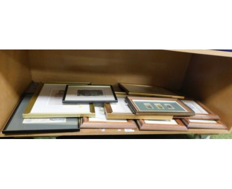 A quantity of framed prints, etchings, including decorative framed silk flowers, mother and child after Picasso, etc.