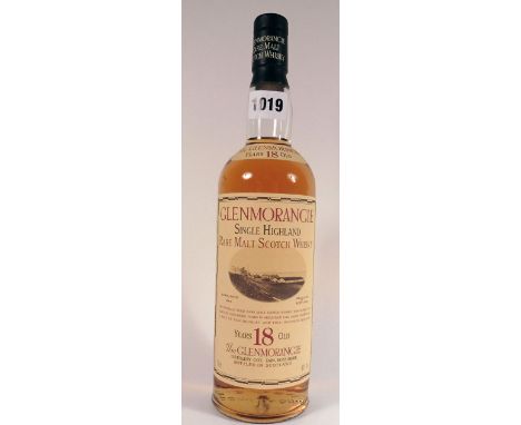 A bottle of Glenmorangie 18yr old Single Highland Rare Malt Scotch Whisky in old presentation bottle 70cl 43% 