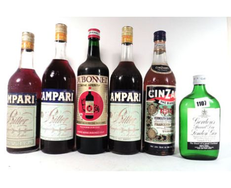 6 various bottles, 1x Gordons Gin 40% 37.5cl, 1x Dubonnet, 3x Campari Bitter & 1x Cinzano, older bottlings circa 1970's.
