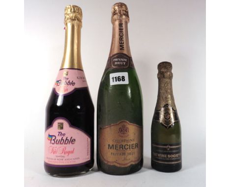 3 various bottles, 1x Mercier Private Brut Champagne, 1x The Bubble Kir Royal sparkling 5% 75cl & 1x small bottle of Wine Soc