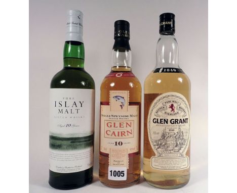 3 bottles of Whisky, 1x Glen Cairn 10yr old Single Speyside Malt Scotch 40% 70cl, 1x Glen Grant Highland Speyside Pure Malt S