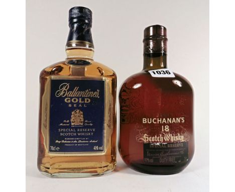 2 bottles, 1x Buchanan's 18yr old Special Reserve Scotch Whisky (Duty Free issue) 75cl 40% & 1x Ballantine's Gold Seal 12yr o