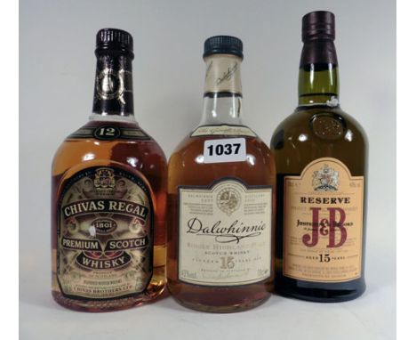 3 various bottles of Whisky, 1x Dalwhinnie 15yr old Single Highland Malt 70cl 43%, 1x Justerini & Brooks J&B Reserve 15 yr ol