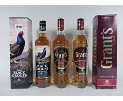 3 bottles, 1x The Black Grouse Scotch Whisky with box 40% 70cl & 2x Grant's The Family Reserve Scotch Whisky with 1 box 40% 7