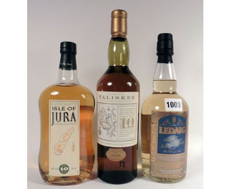 3 bottles of Whisky, 1x The Ledaig Peated Single Malt Scotch from Mull 42% 70cl, 1x Talisker 10yr old Single Malt Scotch from
