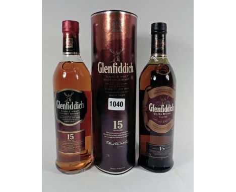 2 bottles of Glenfiddich 15 yr old Pure Single Malt Scotch Whisky, 1x Solera Reserve & 1x "Valley of the Deer" bottling with 