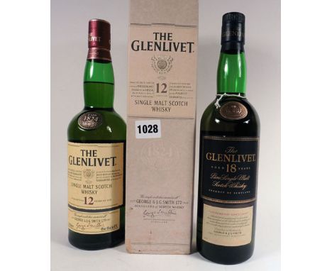 2 bottles of The Glenlivet Single Malt Scotch Whisky, 1x 18yr old Pure Malt, 70cl 43% & 1x 12yr old with box 70cl 40%