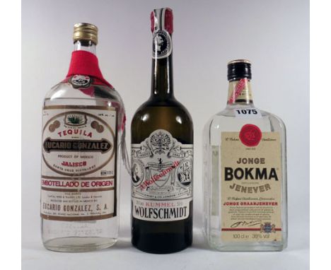 3 bottles, 1x Eucario Gonzalez Jalisco Mexican Tequila (circa 1970's) 38% 70cl / 24.6 floz, 1x Bokma Jonge Jenever Graanjenev