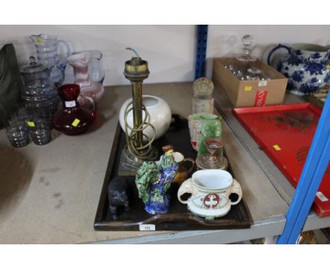 An oak tray plus a selection of ornaments, vases and lamp