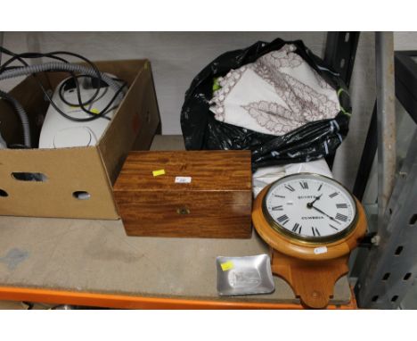A 19th century mahogany tea caddy, a modern pine Quartz wall clock, three Yacht Club dishes, and a small collection of soft g