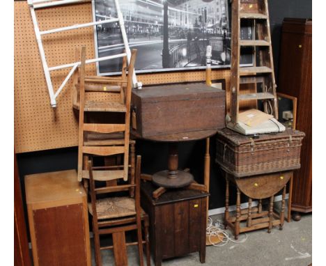 A quantity of mixed furniture of different designs, to include an oak gate leg Sutherland table, a painted towel rail, rush s