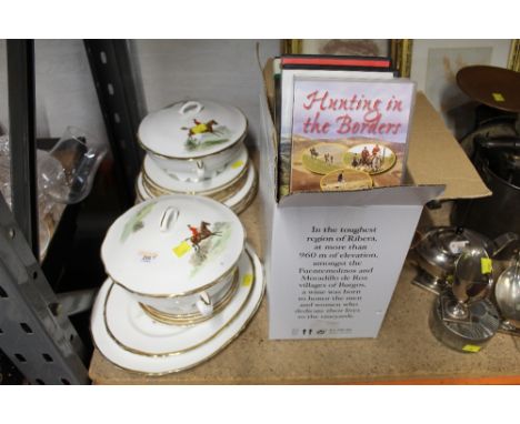  A small quantity of crown Staffordshire hunting scene dinner ware and a box of hunting related video tapes 