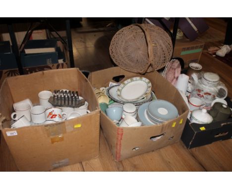 3 boxes of mixed crockery to include Royal Doulton dinner ware, copper luster jugs and Churchill tea cups and saucers 