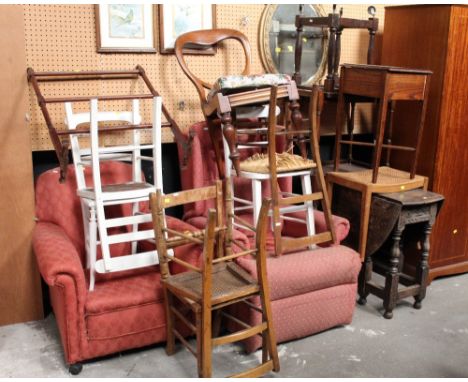 A quantity of mixed furniture of different designs, to include a Victorian mahogany balloon back dining chair, two red armcha