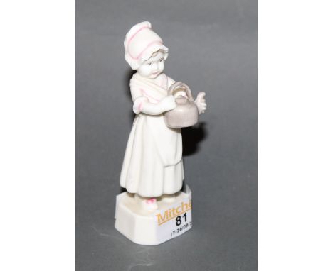 A Royal Worcester bone china figure of a standing girl with tea pot 11 cm high