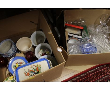 2 boxes of mixed ceramics and glassware to include Scotch Ivory kingfisher patterned plates, Ainsley floral decorated ornamen