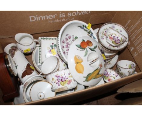 A box containing modern Acctim mantle clock, Portmeirion, and other china